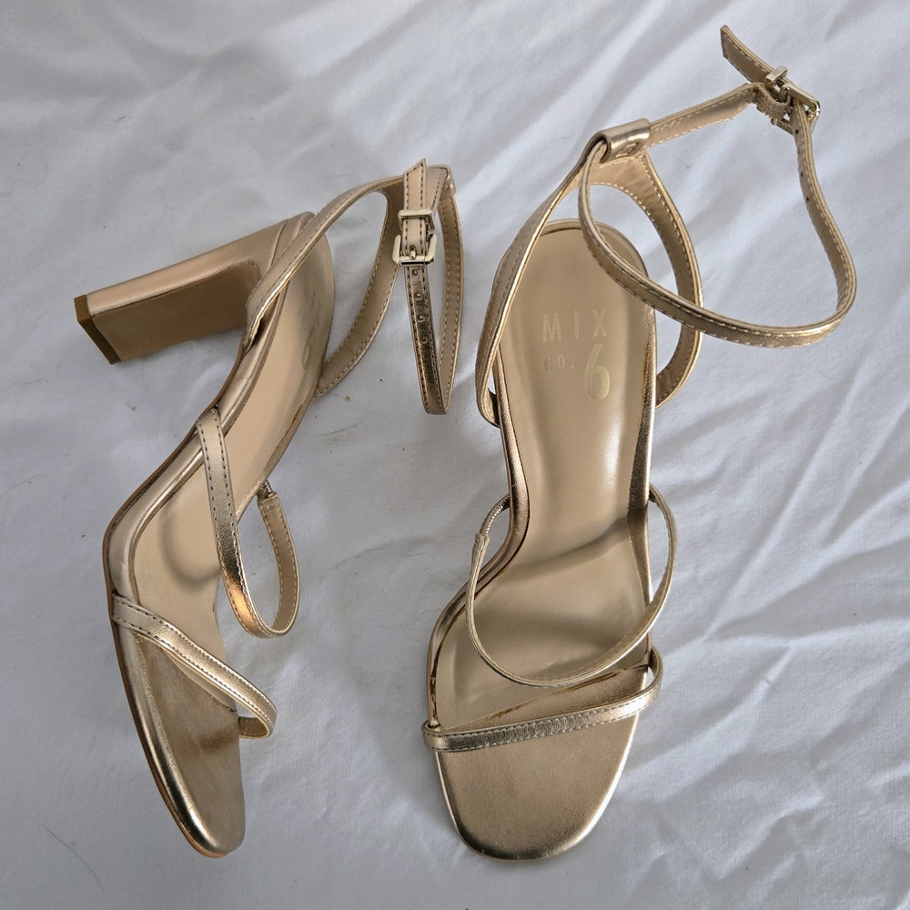 Mix No. 6 Metallic Gold Strappy Block Heel Sandals - Picture 8 of 13
